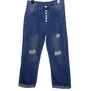 Womens Jeans Button Fly Cropped Cuffed Distressed Stretch Denim Med Wash L Blue
